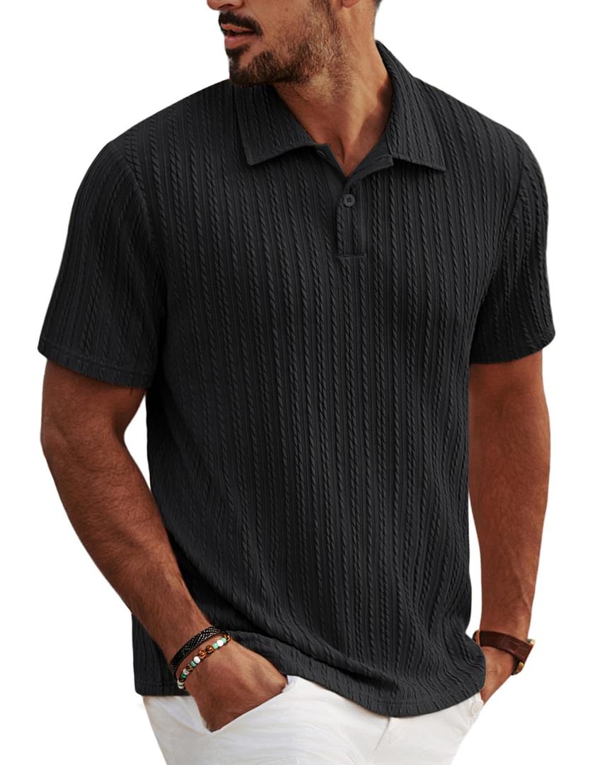 Mens Textured Polo Shirts Short Sleeve Classic Casual Collared Knit Polo Summer Golf Polo Shirts Black (Black, S)