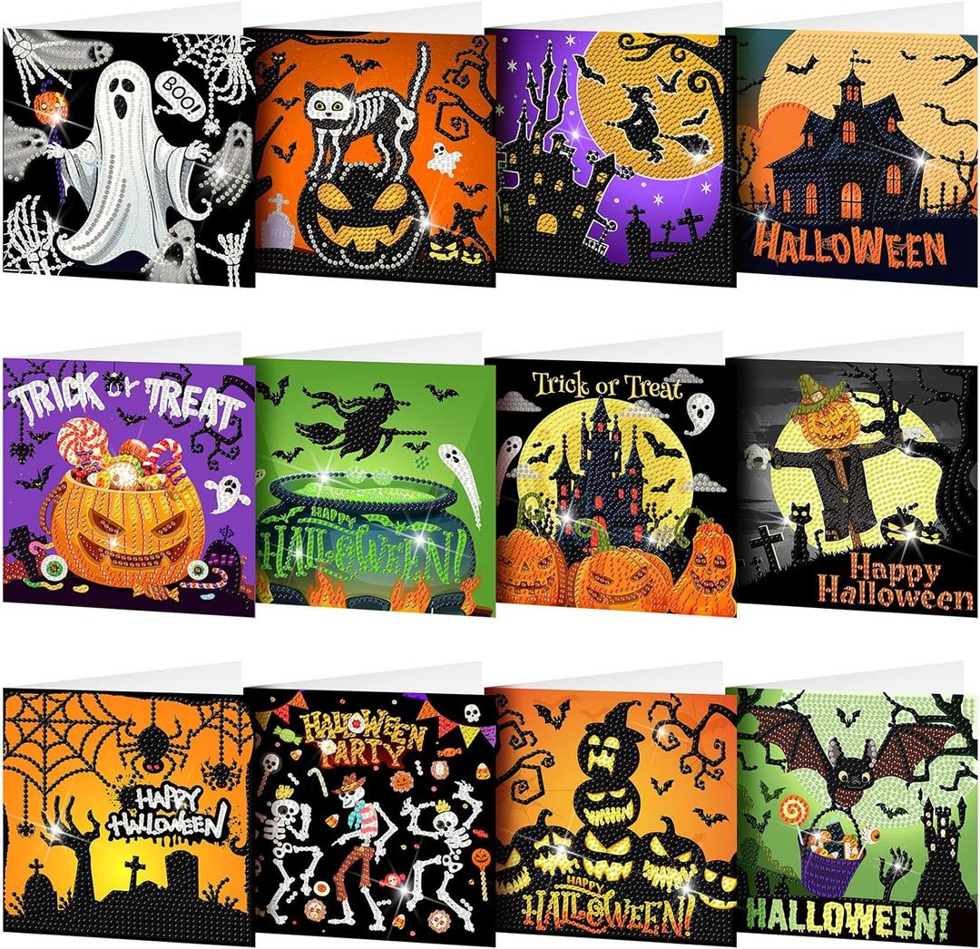 Saillong 12 Pack Halloween Diamond Painting Greeting Card Kits DIY Diamond Art Cards with Envelopes Bat Black Cat Pumpkin 5D Rhinestones Painting for Adults DIY Craft Family Friend Halloween Gifts