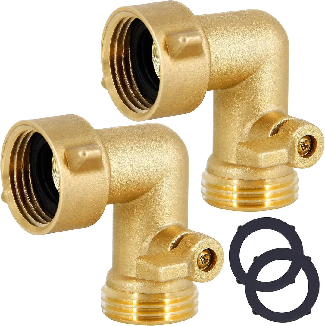 Garden Hose Elbow Connector, 90 Degree Brass Garden Hose Elbow Adapter with Shut Off Valves, 2 Pack