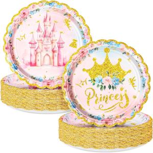 Newtay 50 Pcs Princess Party Plates Gold Edge Tableware Princess Birthday Party Plates for Birthday Decoration Supplies