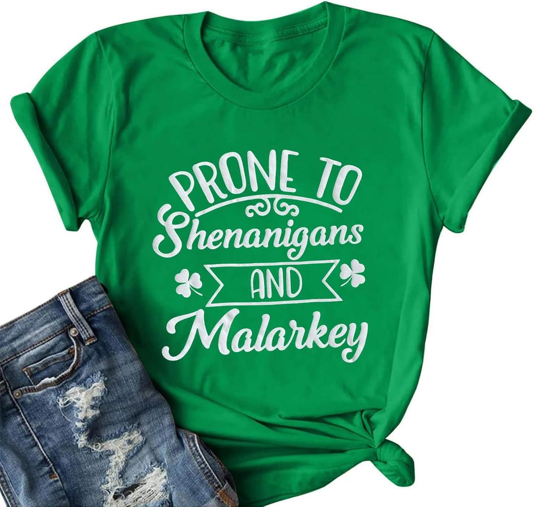 St Patricks Day Shirt Women Prone to Shenanigans and Malarkey Tshirts Shamrock Graphic Tee Tops (XX-Large, 02-green)