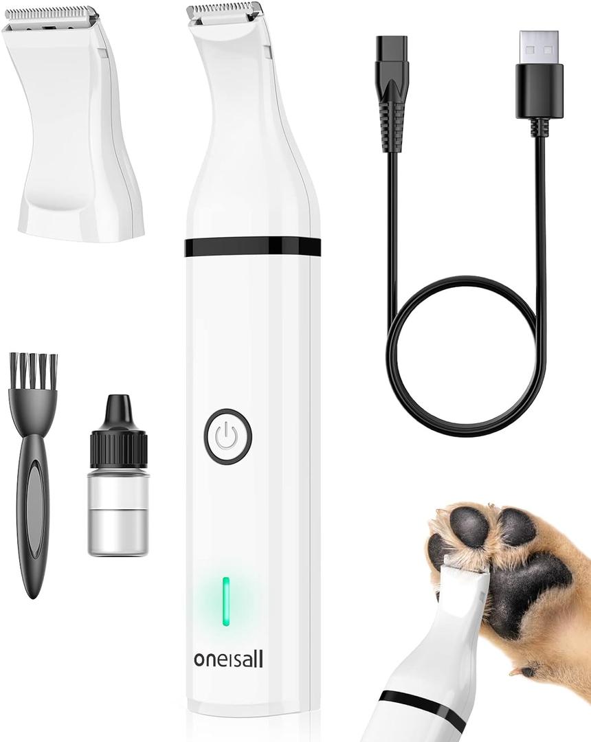 Oneisall Dog Clippers with Double Blades,Cordless Small Pet Hair Grooming Trimmer,Low Noise for Trimming Dog's Hair Around Paws, Eyes, Ears, Face, Rump (White)