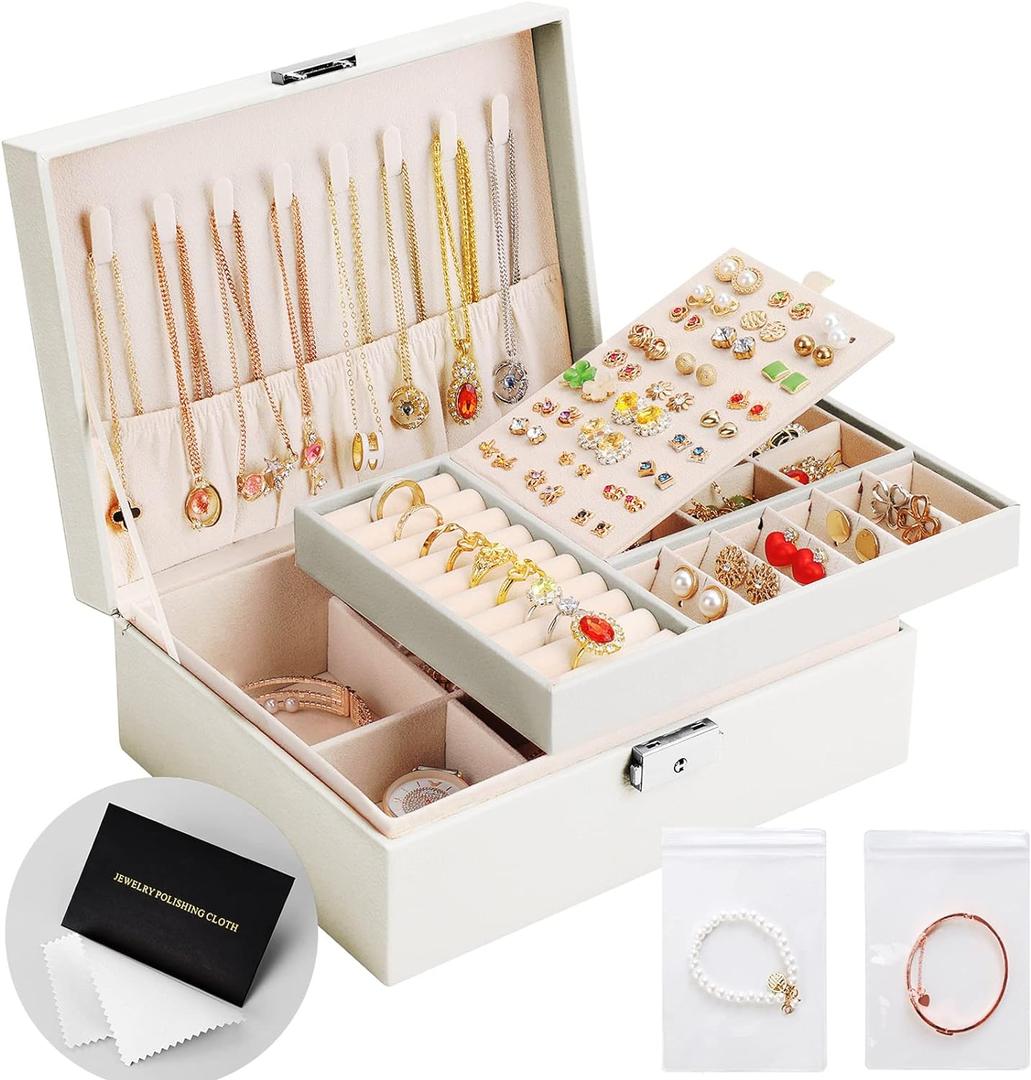 Jewelry Box Organizer for Women Girls 2 Layer Leather Travel Jewelry Storage Case with Lock and Removable Tray for Necklace Earrings Rings Bracelets Gift, Come with Polishing Cloth and Jewelry Bags (White)