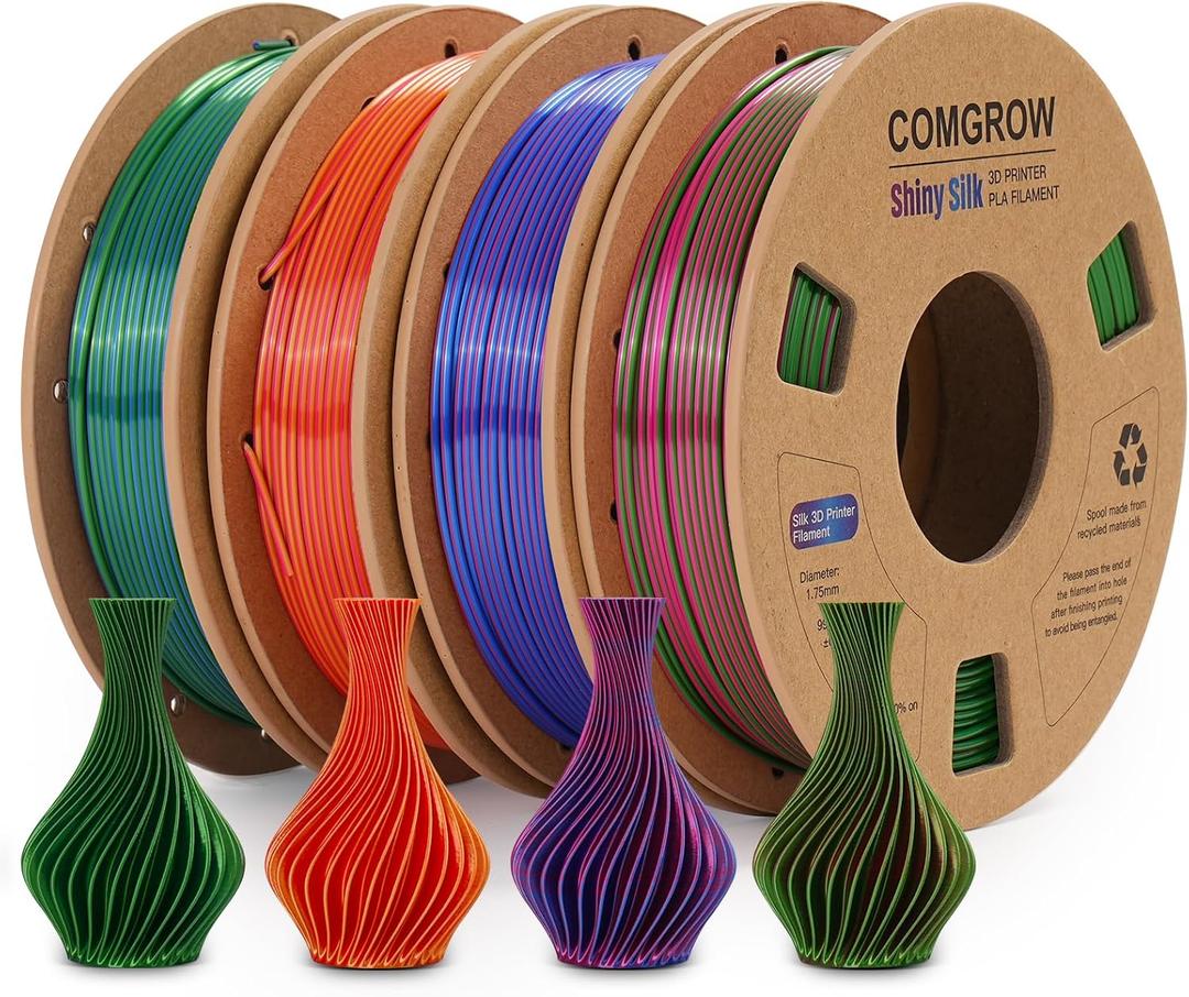 Comgrow Silk Shiny Rainbow Multi-Color 3D Printer Filament, Comgrow 3D Printing Materials Silk PLA 1.75mm, 3D Printing Filament +/-0.02mm, 250g X 4 Spool