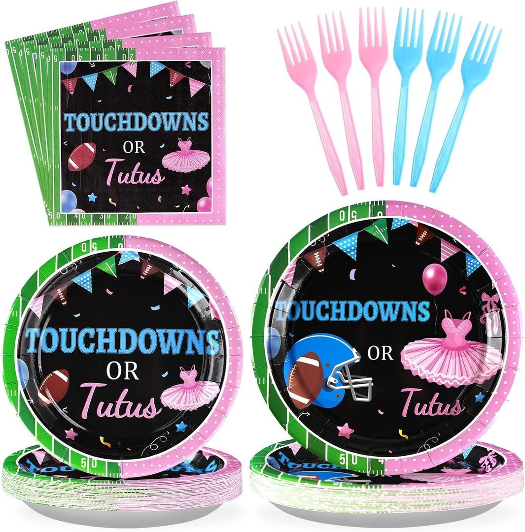 96 Pcs Football Gender Reveal Party Supplies Touchdown or Tutus Gender Reveal Plates and Napkins Tableware Set Ballet or Football Gender Reveal Party Decorations for Boy or Girl Baby Shower Serves 24