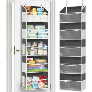 Ofiray-home Over Door Organizer with 5 Large Pockets, 5 Transparent Front Pockets & 10 Mesh Side Pockets, 50 lbs Weight Capacity Hanging Storage for Toys, Shoes, Diapers, Pantry  Grey (Clear)