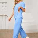 Womens 2 Piece Outfits Shorts Sleeve Tops Wide Leg Pants Casual Trendy Lounge Matching Set 2025 (Blue, XL)