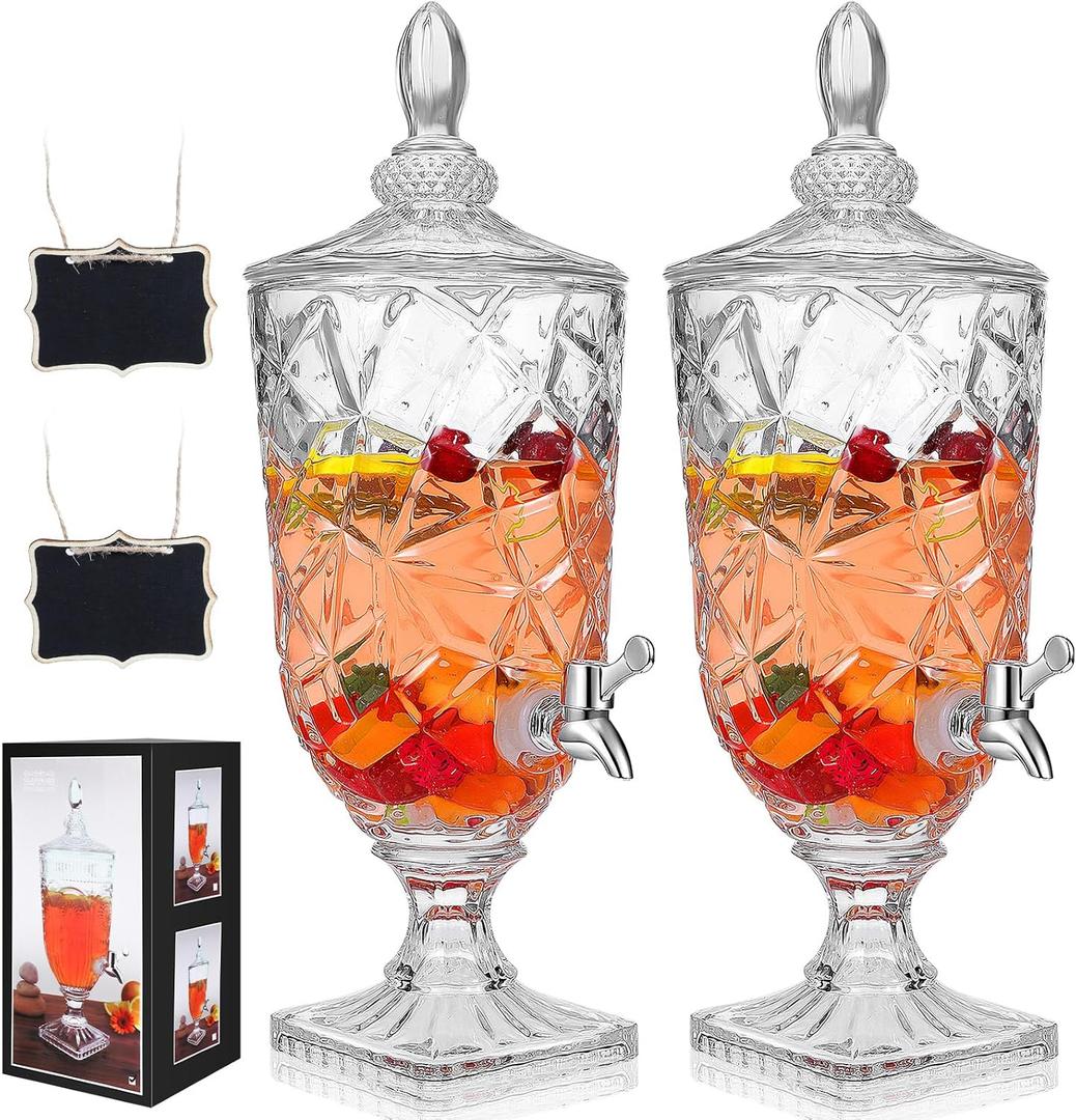 Zhehao 2 Pcs Drink Dispensers for Parties 0.8 Gallon Glass Beverage Dispenser Clear Vintage Crystal Beverage Dispenser with Spigot and 2 Wooden Chalkboard Wide Mouth Beverage Server for Bar Home