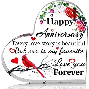 Ewong Happy Anniversary Romantic Gift for Women, Acrylic Heart with Flower and Cardinal, Wedding Anniversary Keepsakes for Wife Husband Couple Lover Girlfriend Boyfriend Him or Her (Anniversary- Red)