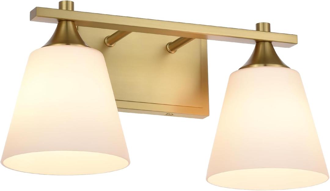 Brass Bathroom Vanity Light Fixtures, 2 Lights Traditional Gold Vanity Lighting Fixture with Opal Glass Shade, Porch Wall Mount Light Fixture for Bathroom, Mirror Cabinets Hallway Stairs, Aged Brass