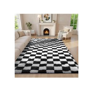 Ophanie Checkered Black & White Rug for Living Room Bedroom, Fluffy Soft Cute Fuzzy Area Rugs, Shag Plush Shaggy Bedside Floor 6x9 Furry Carpet for Kids Baby Teen Dorm Nursery Home Decor Aesthetic