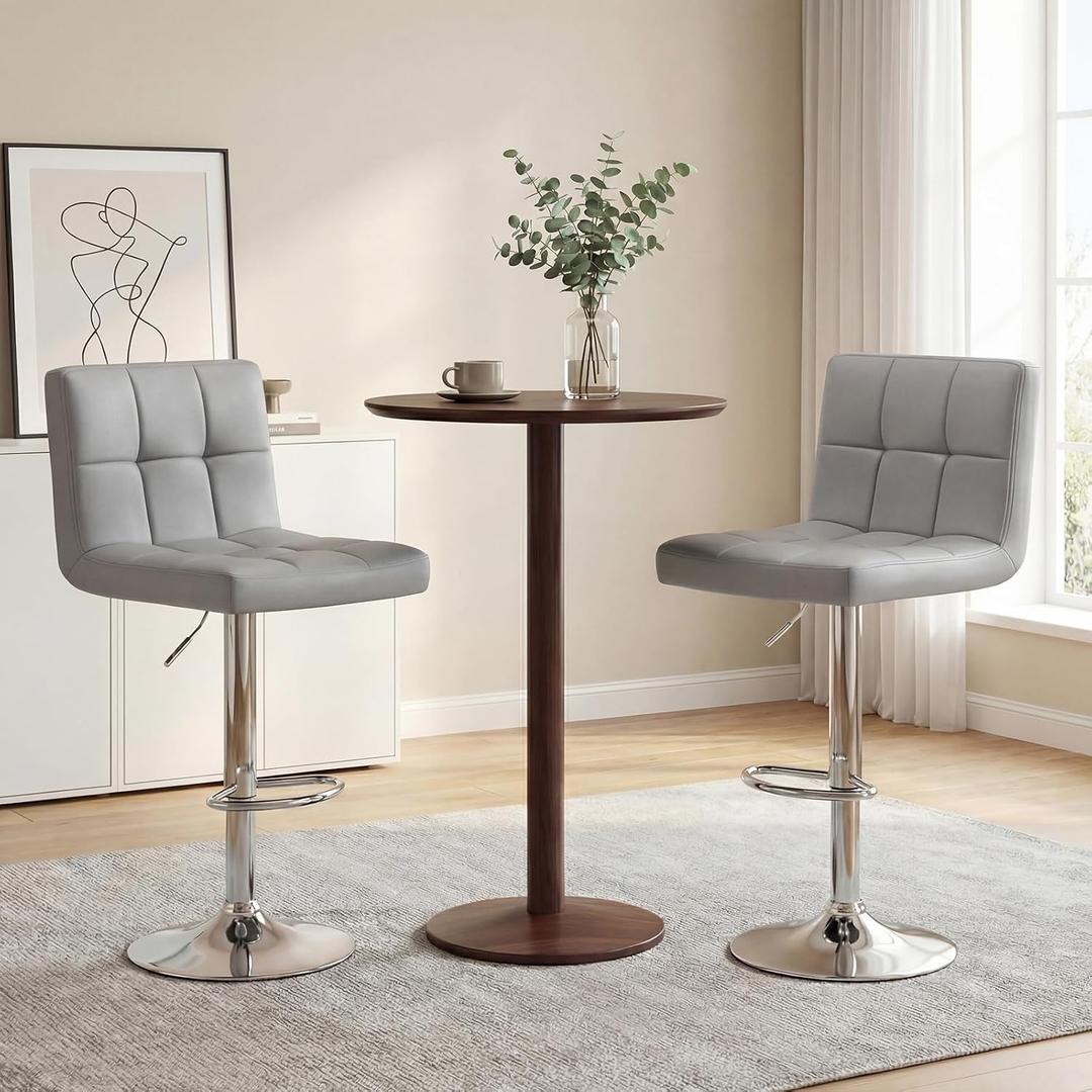 DUMOS Bar Stools Set of 2, 24 inch Counter Height Bar Chairs, Upholstered Modern Kitchen Barstools with Metal Base, PU Leather Saddle Stools for Kitchen Island, Grey