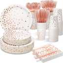 Partylamb White & Rose Gold Party Supplies, 350PCS Disposable Dinnerware Set with Plates Napkins Cups Forks Knives Spoons for Girl Women Birthday Baby Bridal Shower Graduation Wedding Party Decoration