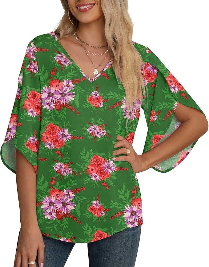 Jouica Women's Graphic Tees Short Sleeve Heart Printed Shirts Blouse Tops,Green Red Flowers,Medium