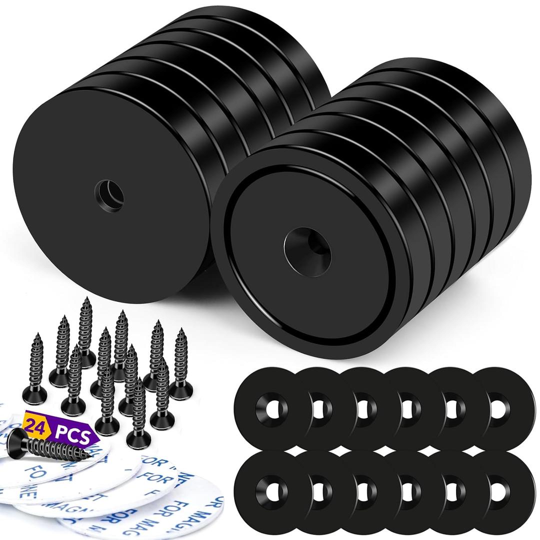TRYMAG 150Lbs Rare Earth 12 Pack Strong Neodymium Cup Magnets with Holes for Tool Room, Heavy Duty Magnets with Adhesive Backing for Hanging, Extra Disc with Screws for Wall Mounting
