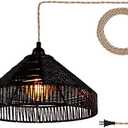 Plug in Pendant Light Rattan Hanging Lamp with On/Off Switch 15 Ft Hemp Rope Modern Woven Pendant Light Fixtures 12" Handwoven Rattan Basket Shade Boho