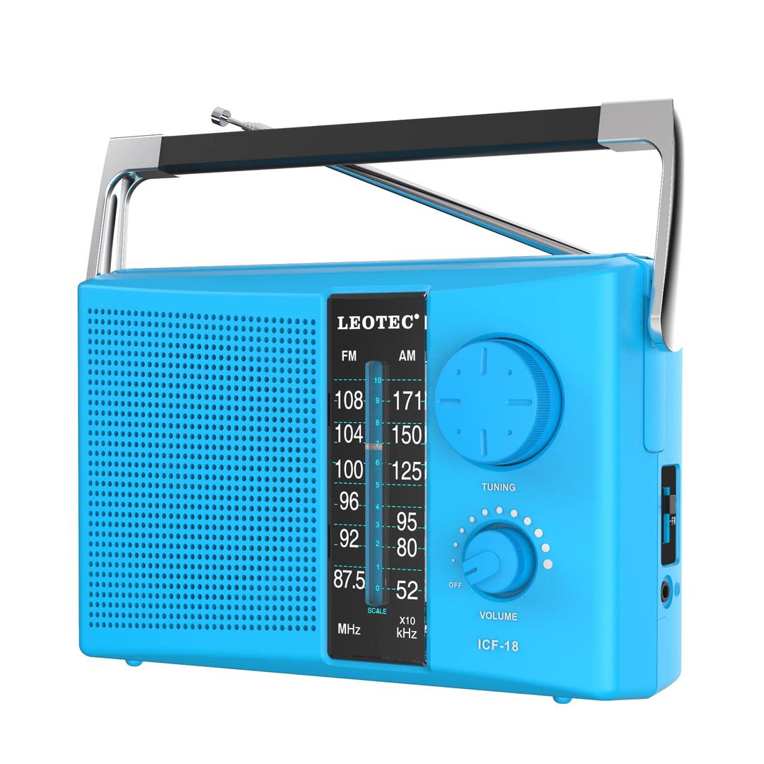 LEOTEC AM/FM Radio with Best Reception, AC or Battery Operated Portable Radio with Big Speaker, Large Tuning Knob, Clear Dial, Earphone Jack for Gift, Elder, Home (Blue) 