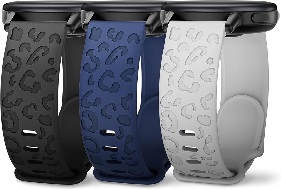 3 Pack 18mm Cheetah Leopard Engraved Silicone Watch Bands Compatible With Garmin Venu 3S/Venu 2S/Vivoactive 4S/Vivomove 3S/Forerunner 255S/Forerunner 265S for Women Men (Black/Navy/Cloudy Grey)
