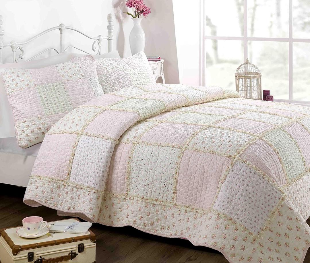 Cozy Line Home Fashions Floral Light Pink True Patchwork 100% Cotton Girl Quilt Bedding Set, Reversible Coverlet Bedspread (Sweet Peach, Twin - 2 Piece)