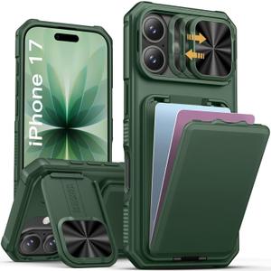 SSLOTSCASE for iPhone 17 Case with Credit Card Holder & Camera Cover Stand & Slide Lens Cover & Wallet, Full-Body Drop Proof Rugged Hard Sturdy Stylish Phone Case Cover for iPhone 17 6.3'' 2025, Green