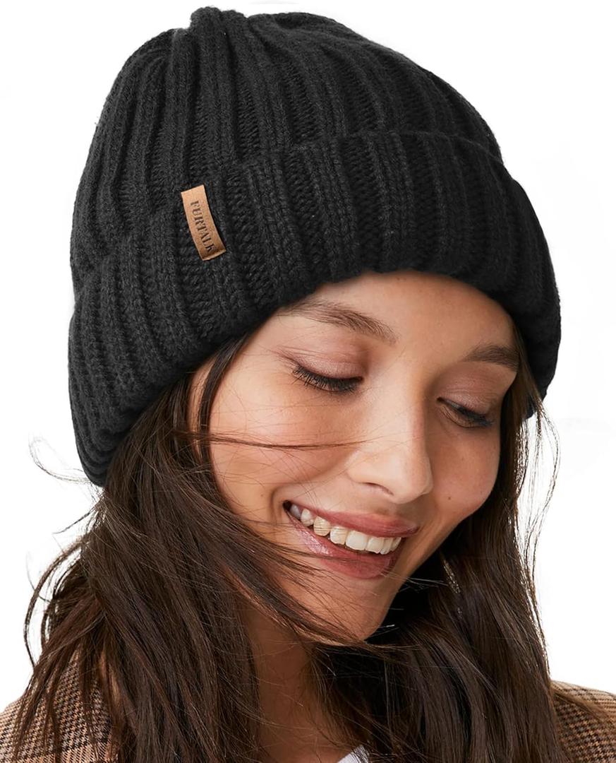 FURTALK Winter Hats for Women Fleece Lined Beanie Knit Chunky Womens Snow Cap (Black, S)