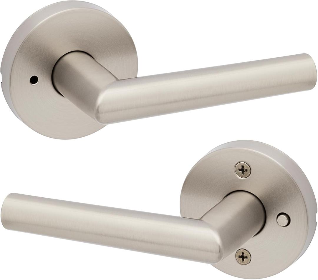 Kwikset Milan Interior Privacy Door Handle with Lock, Door Lever For Bathroom and Bedroom, Satin Nickel Reversible Keyless Push Button Lock Door Lever
