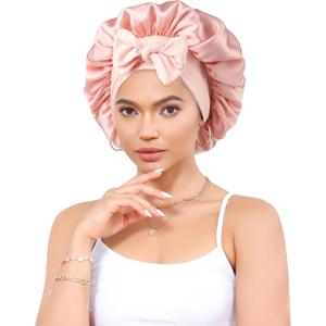 Silk Bonnet 100% Mulberry Hair Bonnet for Sleeping Women Hair Wrap with Elastic Band Sleep Night Cap (Pink)