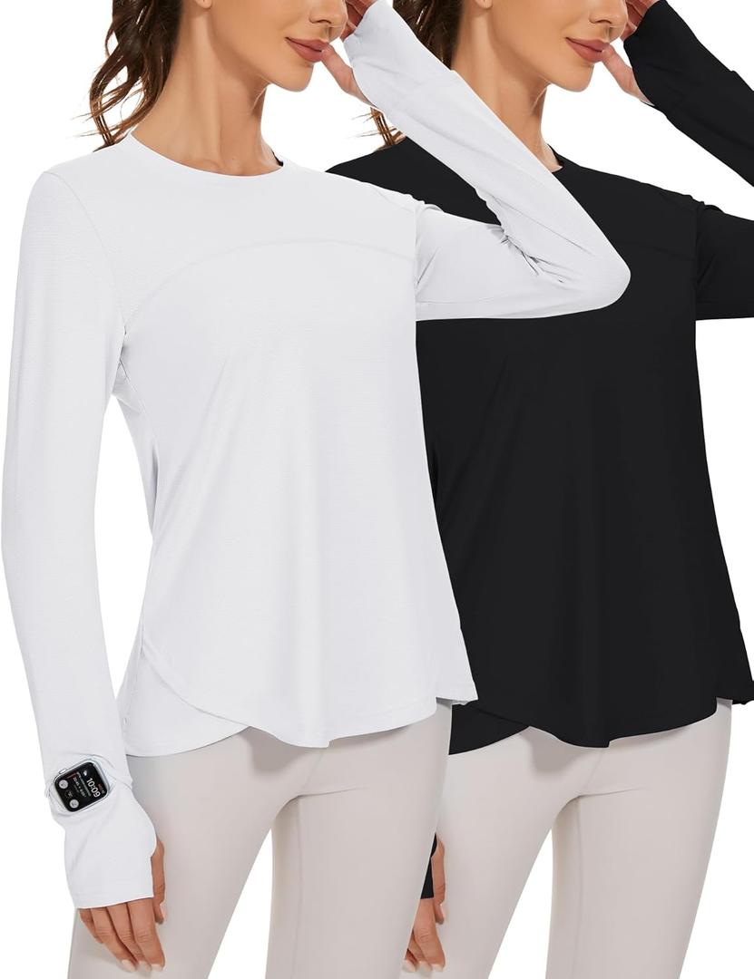 Blingfit Women's Workout Tops Long Sleeve Running Hiking Athletic Gym Shirts Lightweight UPF50+ UV Rash Guard Sun Protection (Medium, Black & White) 2 Pack