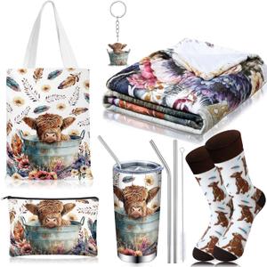 6 Pcs Western Highland Cow Gifts for Women Include 20 oz Stainless Steel Tumbler with Lid Straw Cosmetic Bag Throw Blanket Keychain Socks Handbag for Highland Cow Lovers Birthday Christmas