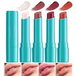 4Pcs Hydrating Lip Tint Lipstick Set of Red and Nude, Long-Lasting Matte Finish Moisturizing Tinted Lip Balm, Natural Ingredients Vitamin E Watery Lip Gloss Lipstick for Women and Girls