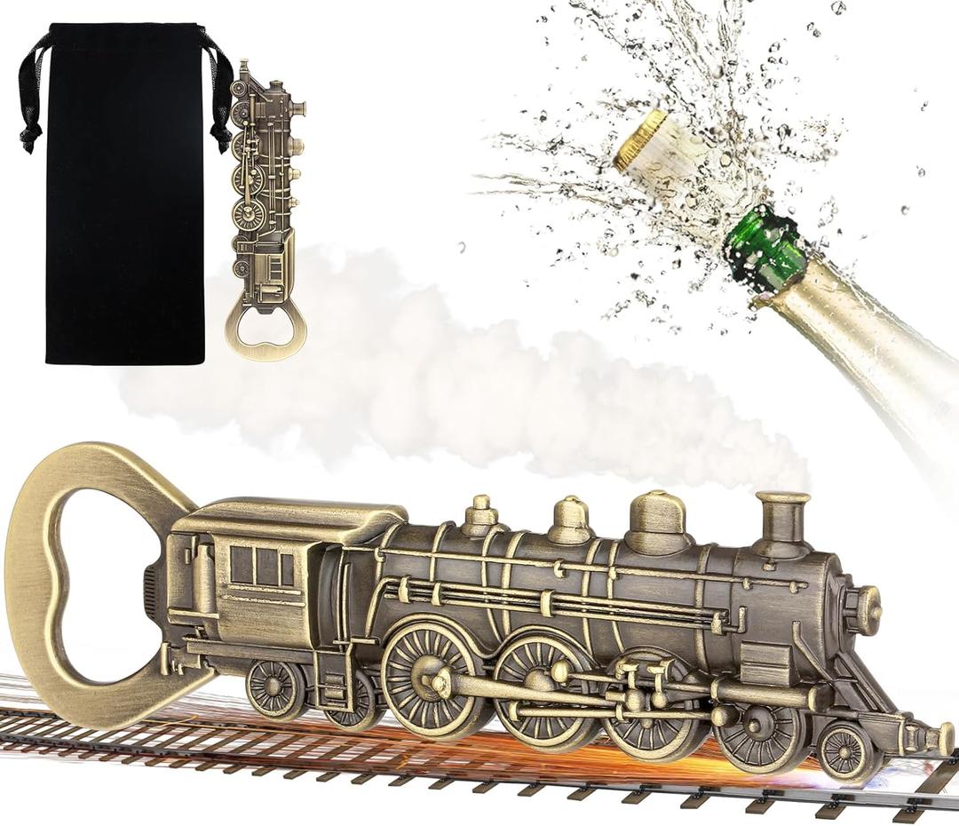 Steam Train Bottle Opener, Unique Beer Opener for Men, Dad, Boyfriend, Birthday Gifts, Bronze Locomotive with Black Velvet Bag, Perfect for Train Enthusiasts