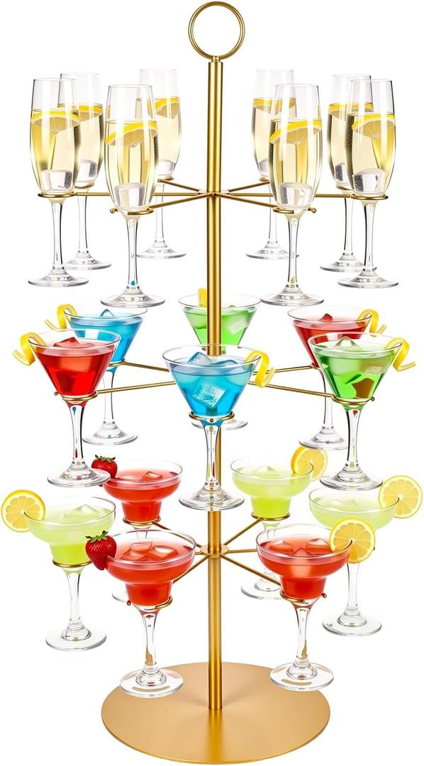 Cocktail Tree Stand for Drinks Champagne Tower for Parties, 3 Tiers 18 Holders Party Bar Wedding Metal Wine Glass Display Holder for Martinis Margarita Gin Wine Bridal Cups(Gold)