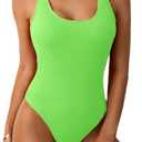 Limeeke Women One Piece Swimsuit Solid Ribbed Monokini Swimwear Scoop Neck Low Back Bathing Suit (X-Large, Fluorescent Green)
