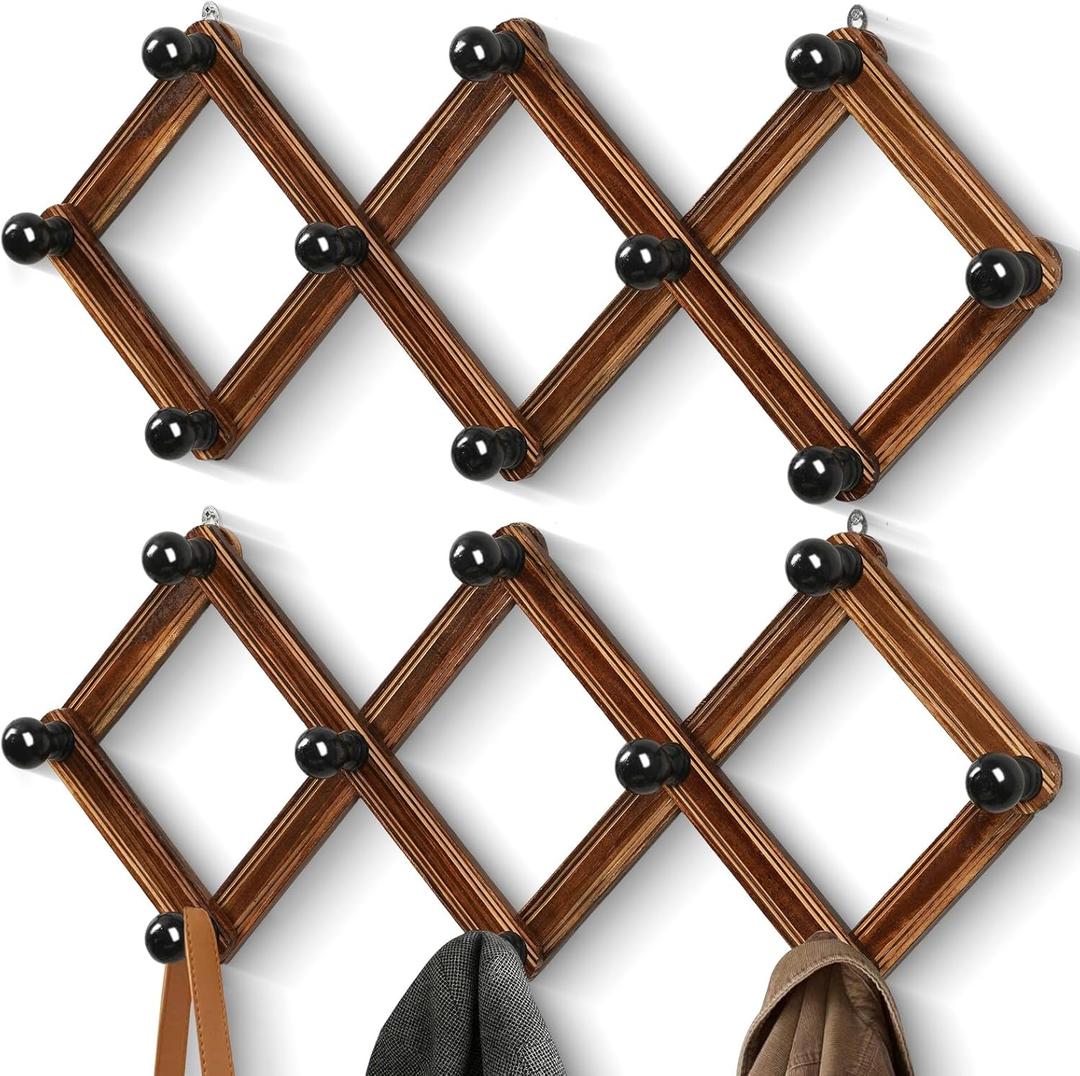 2-Pack Accordion Hat Rack for Wall - Expandable Coat Rack Wall Mount with 10 Hooks - Solid Wooden Wall Hanger for Coats, Hats, Bags & Baseball Caps - Modern Wood Expandable Hat Holder (Brown)