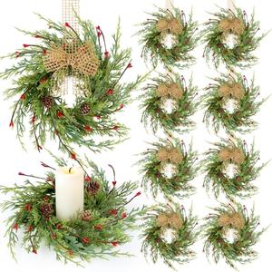 8 Pcs 9 Inch Christmas Wreaths for Kitchen Cabinet Artificial Cedar Pine Hanging Wreath with Red Berries Pine Needles for Front Door Xmas Swag Wreaths for Christmas Winter Farmhouse Home Decorations