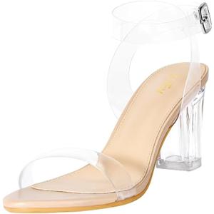 ZriEy Women's Clear Heels Chunky Block Mid High Heeled Sandals Open Toe Transparent Ankle Strap Dress Pump Shoes for Women in Daily Wear Party Wedding, 9
