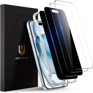 UNBREAKcable 4PCS Screen Protector for iPhone 15-2 Privacy Tempered Glass+2 Clear Glass Double Shatterproof [Easy Installation Frame] [9H Hardness] [Case Friendly] Anti-Scratch for iPhone 6.1 inch