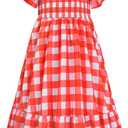 LQSZ Girls Dresses Plaid Smocked Dress Girls' Short Sleeve Summer Dresses for Kids 2-12Y (Red)
