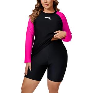 Halcurt Women's Built in Bra Long Sleeve Rash Guard Plus Size 2 Piece Swimsuit Shirt and Shorts (1X, Black Hot Pink)