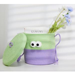 Bellar Small Woven Storage Basket with Lid Cute Animal Basket Toy Organizers Cotton Rope Storage For Living Room Area Decorative Small Cotton Rope Boxes Aesthetic With Lid-10''*10''-Gradiet&Green (Medium)