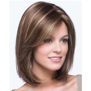 SEVENCOLORS Short Brown Mixed Blonde Bob Wigs for White Women Shoulder Length Synthetic Hair Wigs with Side Bangs Straight Blonde Highlights Womens Wig