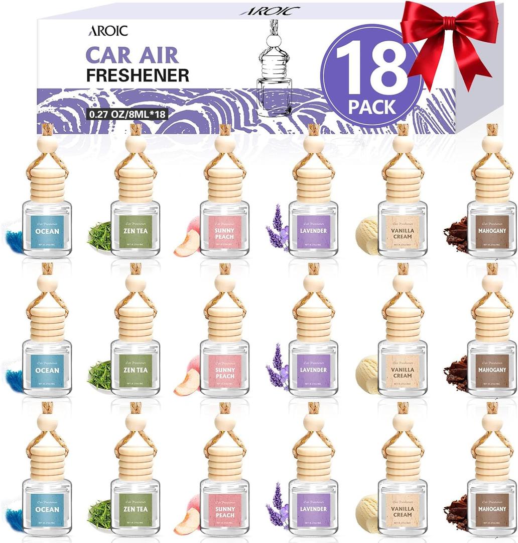 AROIC Car Air Freshener, 18 Pack Long Lasting Hanging Car Air Freshener Diffuser Set for Women & Men, 6 Scents Essential Oil Vehicle Aroma Fragrance Valentines Day Gift (8ml Each)