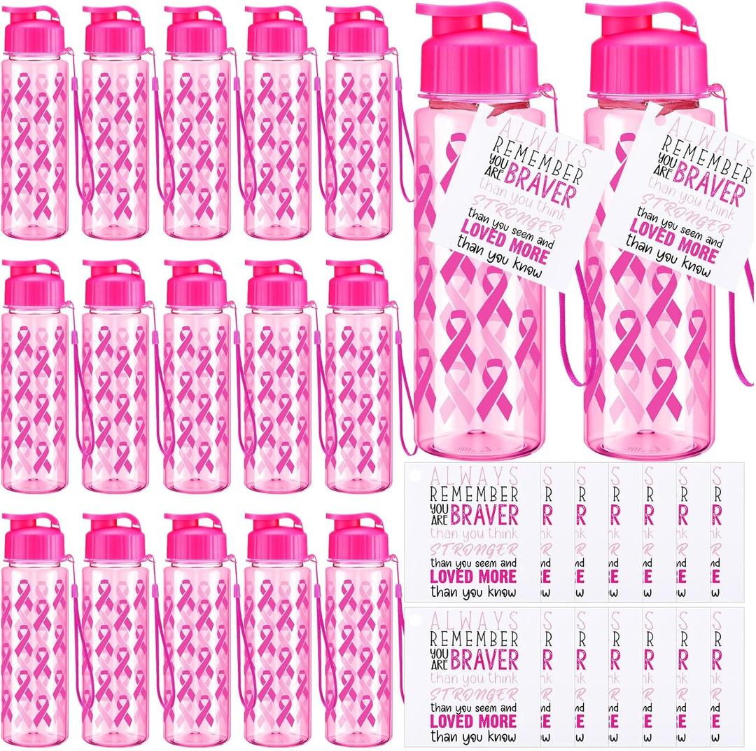 15 Pcs Breast Cancer Awareness Gift Plastic Cup with Pink Ribbon 17oz Sport Water Bottle with Inspirational Cards Pink Ribbon Cups for Women Breast Cancer Survival Gifts Supplies(Cute Color)