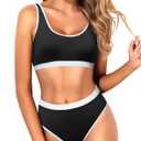 Tempt Me Women Black and White Two Piece Scoop Neck Bikini Crop Top Swimsuit Sporty High Waisted Bathing Suit, Medium 