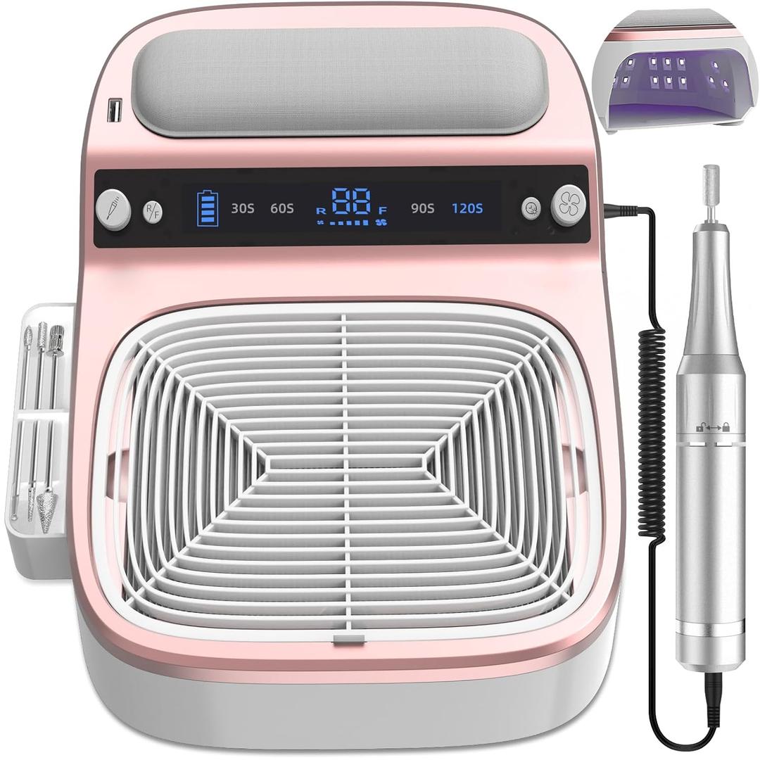 3-in-1 Nail Dust Collector & Electric Nail Drill File & UV LED Nail Lamp, 5 Suction Modes, Stepless Speed Forward/Reverse, Cordless 8000mAh Nail Kit Tech with Timer Auto Sensor for Home Use Salon