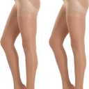MANZI 2 Pairs Women's Sheer Tights 40D High Waist Control Top Pantyhose Thigh High Stockings with Reinforced Toes (Large, Natural Nude)
