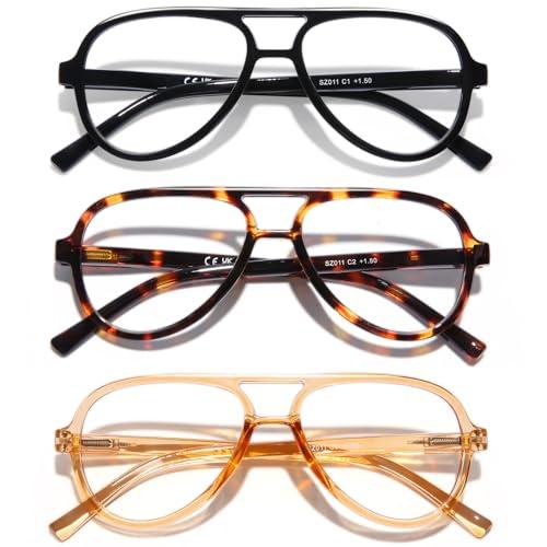 DOOViC 3 Pack Retro Aviator Reading Glasses for Women Men Lightweight Blue Light Blocking Computer Readers 2.00
