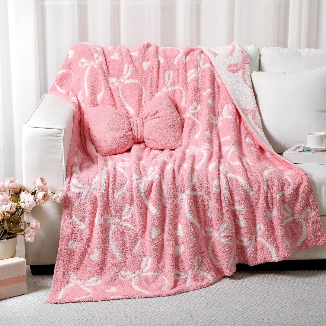 Pink Bow Throw Blanket and Pillow Set Include Coquette Blanket 50 x 60 Inch and Pink Bow Plush Throw Pillows Cushion for Baby Girls Women Gift Couch Sofa Bed Nursery Preppy Room Decorations