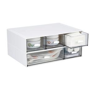 OSteed Desktop Organiser with 5 Drawers, Stackable Plastic Storage Box on Desk, Small Drawers Storage Unit for Home Collection, Cosmetics, Office Supplies (2 Flat Layers, White)