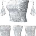 Syhood Women's Sparkly Sequin Crop Tops Strapless Metallic Tube Tops Metal Mesh Drop Dangle Earrings for Wear Party (Medium Regular, Silver)